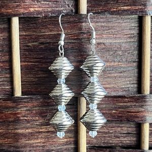 Triple Diamond-Shaped Silver Cone Drop Earrings